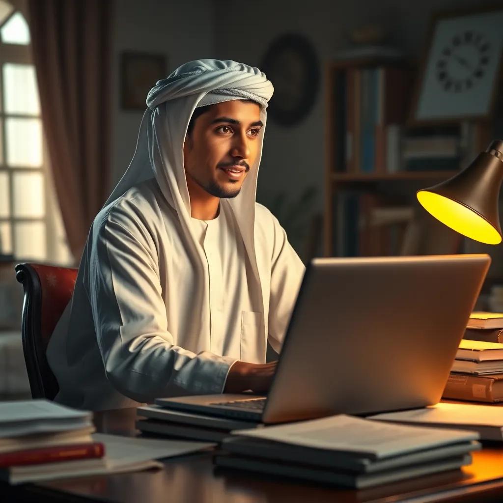 A young Omani student, Osama, wearing a traditional daeshdasha and omani kumma, sitting at a desk covered in books and papers, looking excitedly at his laptop, digital art, warm light, cozy study atmosphere, high quality