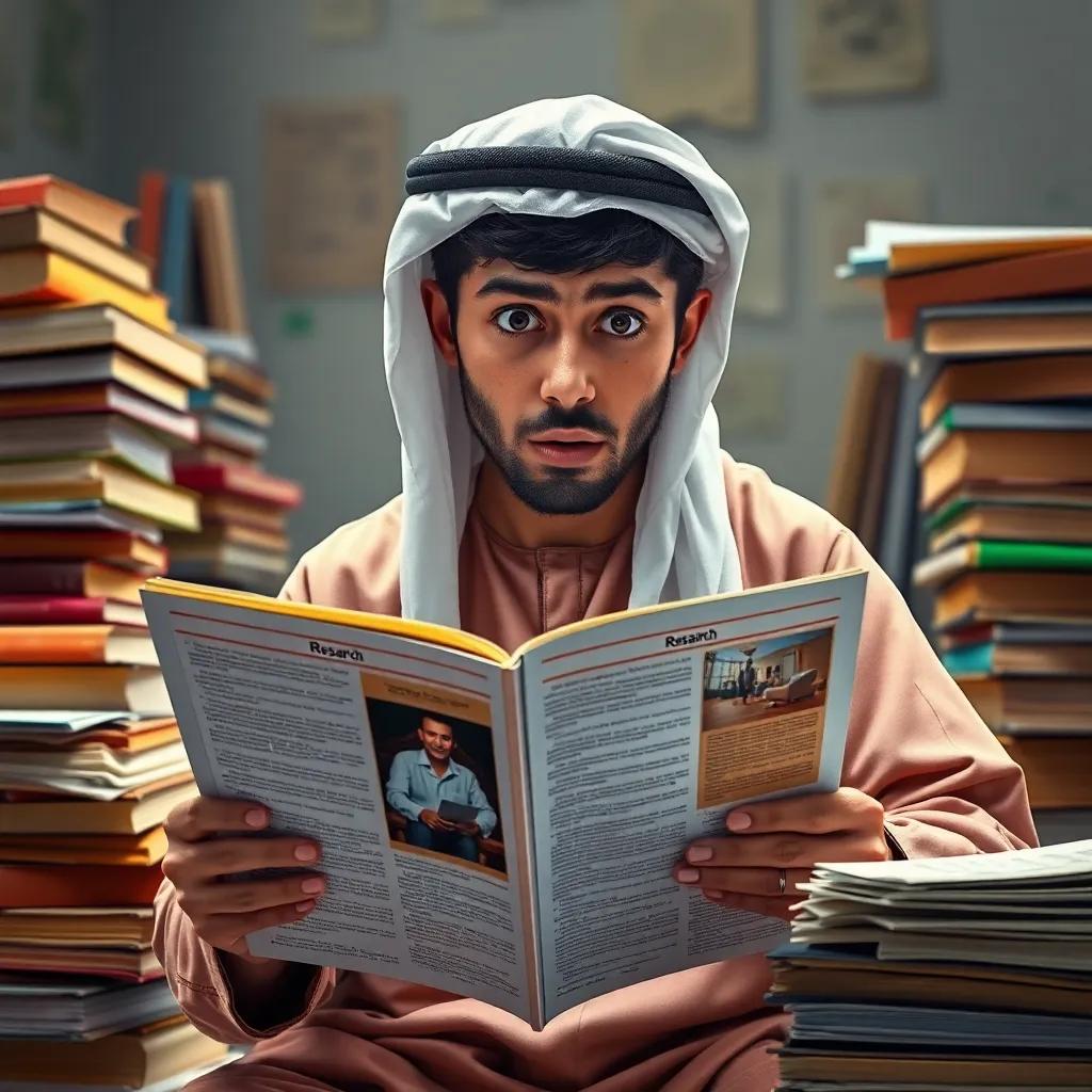 Osama, a young Omani student, wearing a traditional daeshdasha and kumma, looking shocked while reading a magazine with his research, surrounded by stacks of books and papers, cheerful yet tense atmosphere, bright colors, storytelling view, digital painting