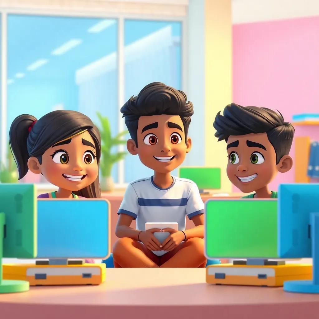 Three friends, Layla, Sami, and Khalid, sitting in a bright room with colorful computers, animated and playful, digital art, cheerful colors, inviting atmosphere, high quality