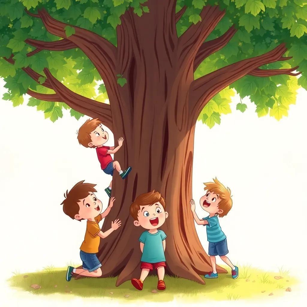 Children playing under the tree, with one child climbing the tree and another singing, all look surprised as they hear the tree speak, illustration, joyful, whimsical, child-friendly