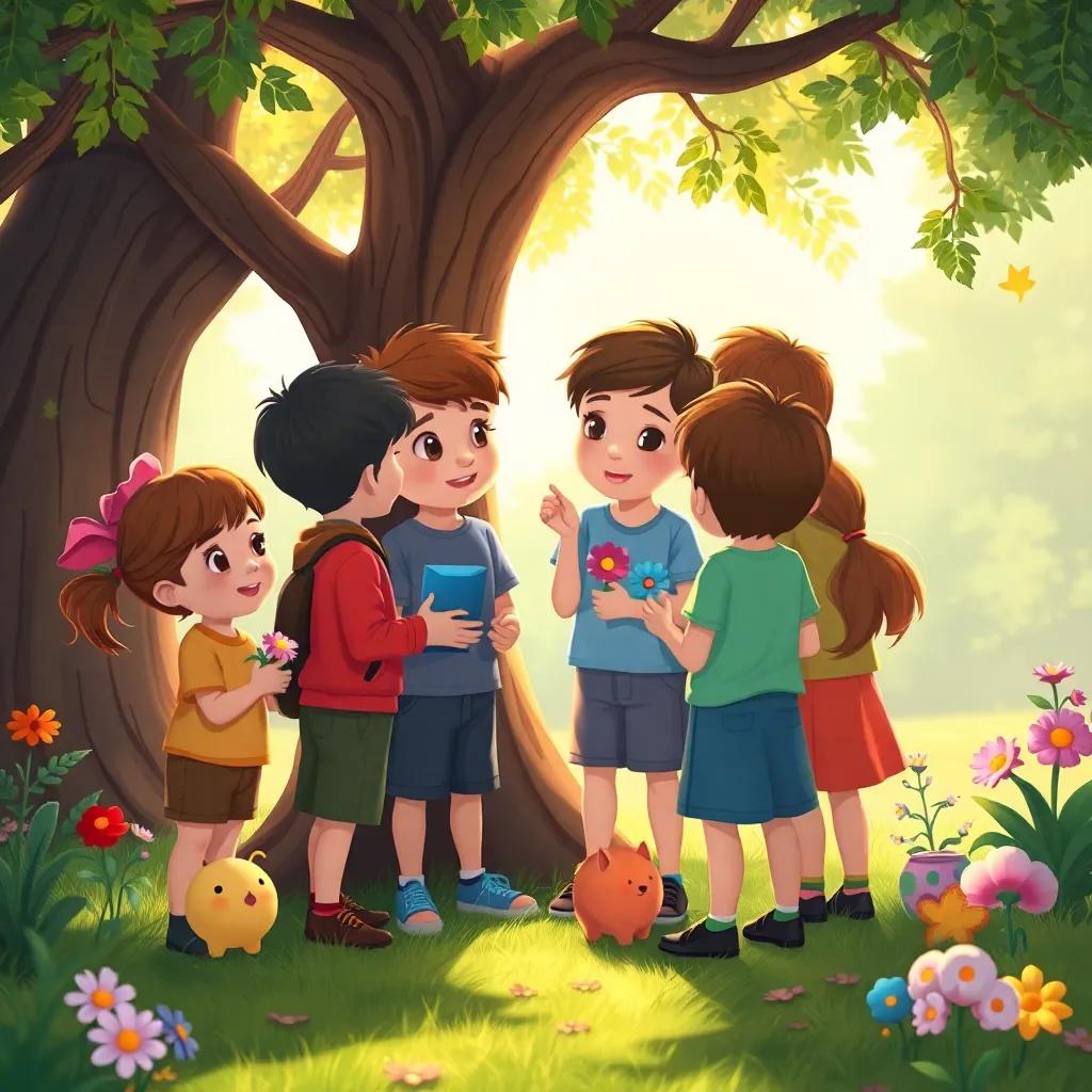 Children gathering around the tree, discussing their plan, with toys and flowers in their hands, a feeling of teamwork and excitement, colorful scene, warm light, playful imagery