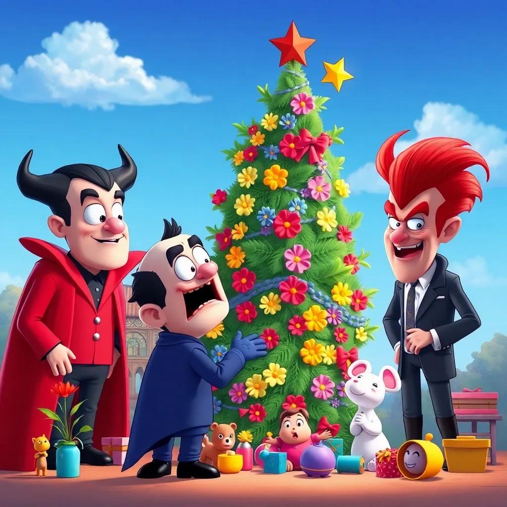 The villains looking surprised at the beautifully decorated tree, with colorful flowers and toys surrounding it, under a blue sky, cartoon style, humorous, bright colors