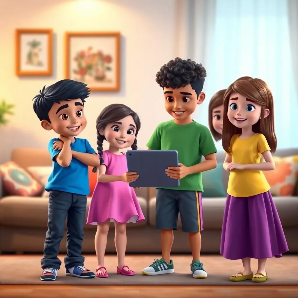 Four children, Yassin, a young Arab boy with short black hair, wearing a blue t-shirt and jeans, Meryam, a young Arab girl with long braids, wearing a pink dress, Ali, a young Arab boy with curly hair, wearing a green shirt and shorts, and Sara, a young Arab girl with straight hair, wearing a yellow t-shirt and purple skirt, gathered around a tablet in a cozy living room with colorful cushions and soft lighting, digital art, fun and inviting atmosphere, bright colors, child-friendly, high quality