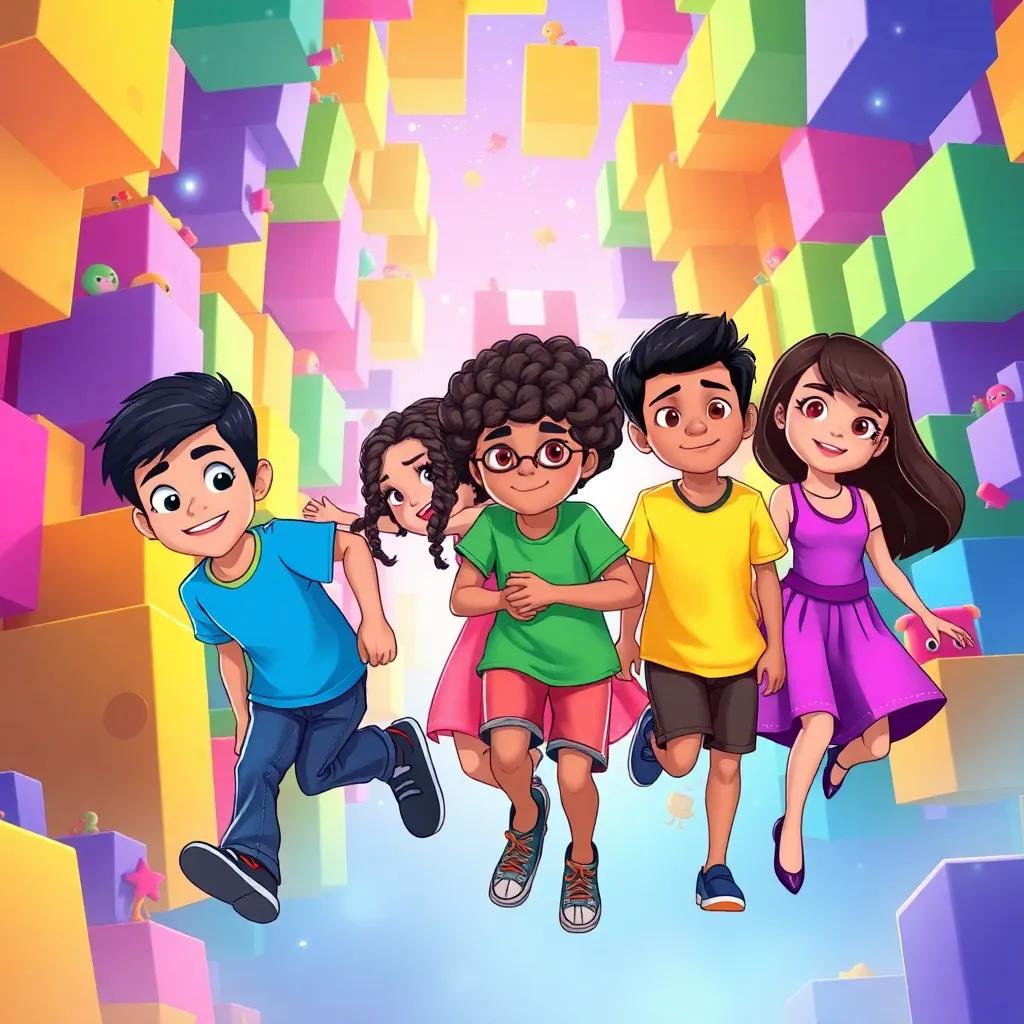 Yassin, a young Arab boy with short black hair, wearing a blue t-shirt and jeans, Meryam, a young Arab girl with long braids in a pink dress, Ali, a young Arab boy with curly hair in a green shirt and shorts, and Sara, a young Arab girl with straight hair in a yellow t-shirt and purple skirt, being transported into a magical world with vibrant colors and playful elements, surrounded by cubes and characters, illustration, adventurous and vivid, high quality