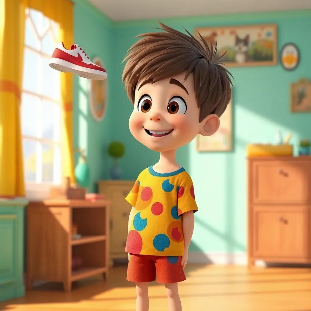 A cheerful young boy, Aslan, with short brown hair wearing a colorful t-shirt and shorts, looking surprised at a flying shoe above a cabinet in a sunny room with bright colors, digital art, vibrant, playful atmosphere, high quality
