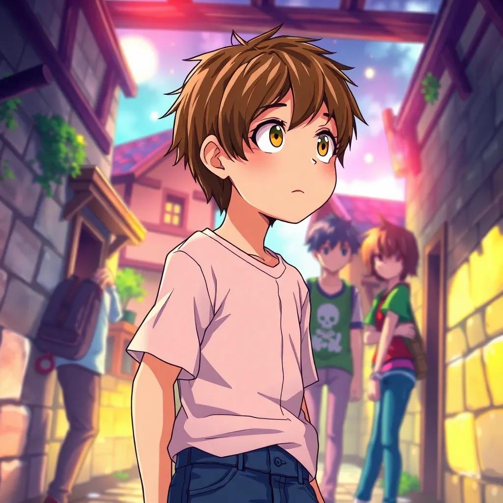 A young boy, Eren Yeager, with short brown hair, wearing a simple shirt and jeans, looking excitedly towards a distant sound, surrounded by his friends, Armin and Mikasa, in a quaint village setting inside the walls, digital art, colorful, lively atmosphere, engaging perspective, high quality