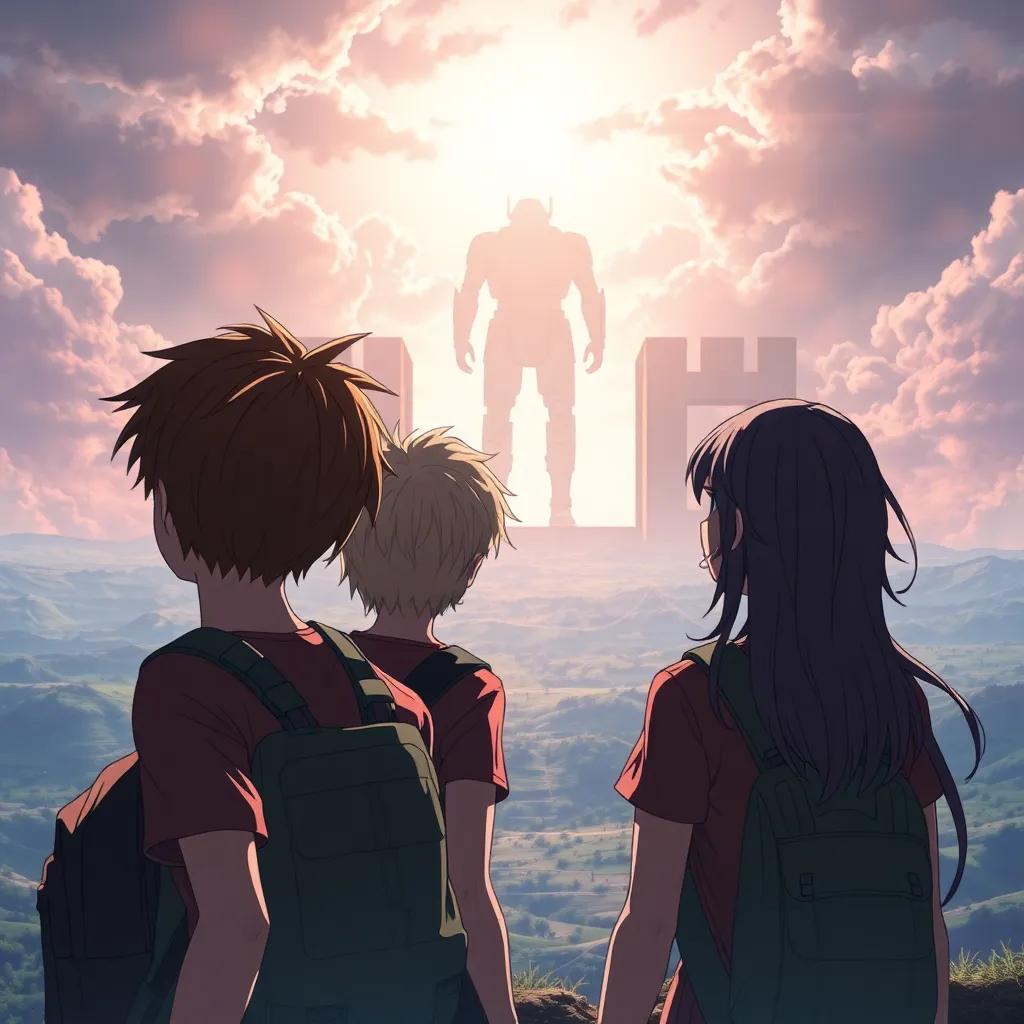 Three friends, Eren Yeager with short brown hair, Armin with blonde curly hair, and Mikasa with long dark hair, awe-inspired as they watch a giant approaching the walls, emphasis on their expressions of fear and curiosity, vast landscape, digital art, dramatic lighting, adventure scene, engaging viewpoint, high quality