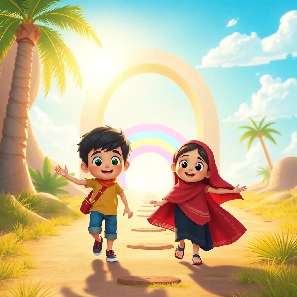 A bright sunny day with Elan and Juman, a young Arab boy and girl, excitedly approaching a shimmering rainbow-colored portal, adventure-themed, cheerful, child-friendly