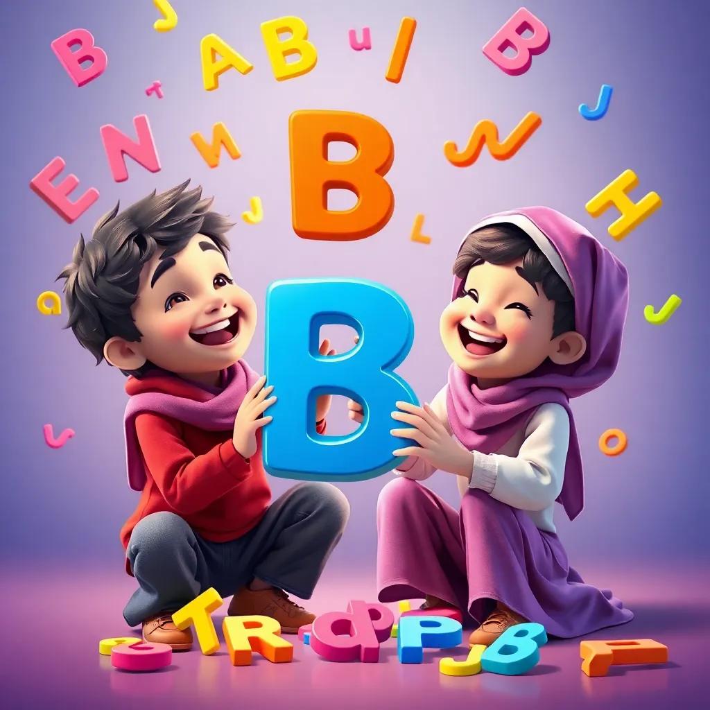 Elan and Juman, both young Arab children, playing and laughing with the letter 'B', which is dancing joyfully, colorful letters floating around them, fun and imaginative scene, vibrant colors, magical atmosphere