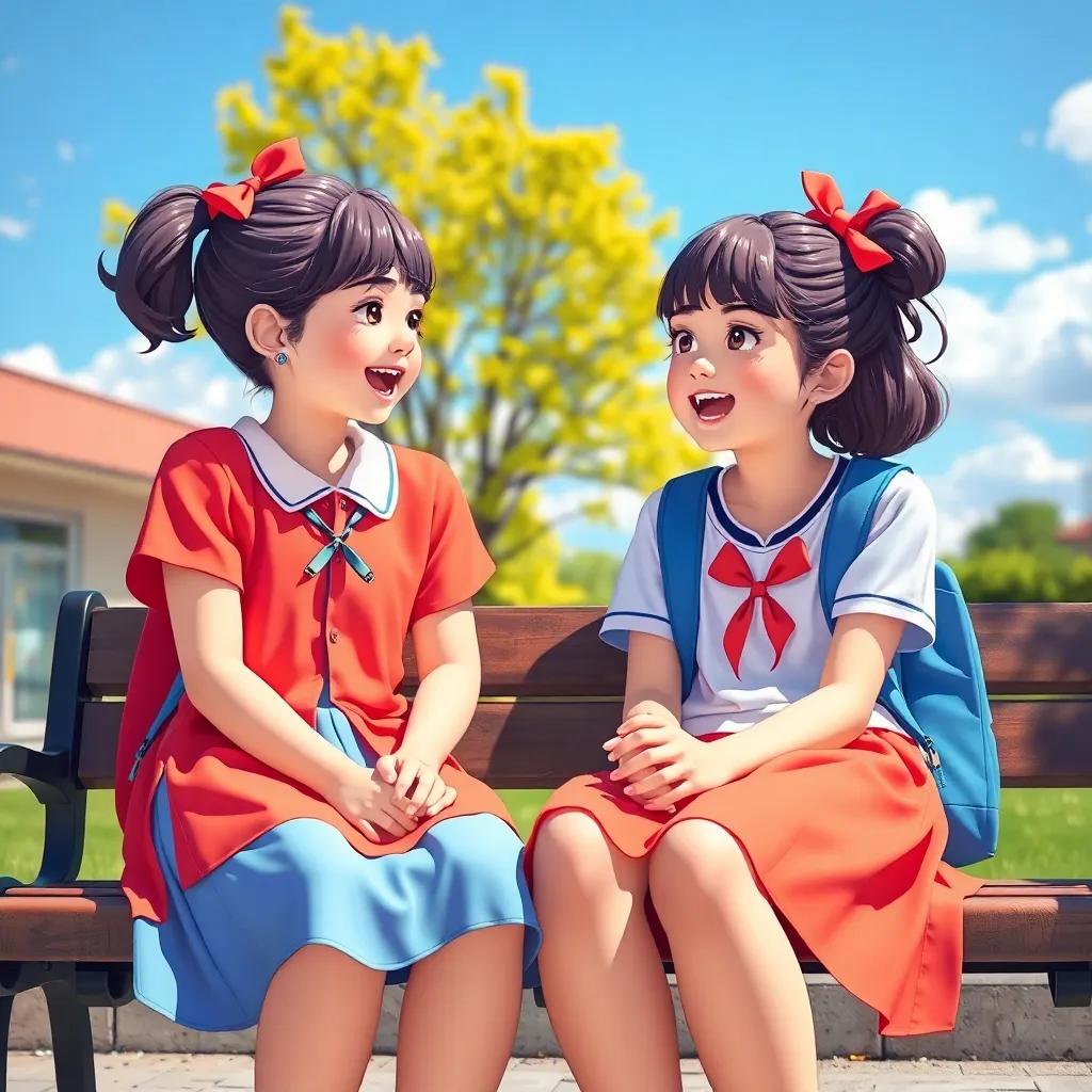 A sunny day with two young girls, إیلاف and ریم, sitting on a bench after school, excitedly talking with bright smiles, vibrant colors, cheerful atmosphere, digital art, engaging and friendly scene