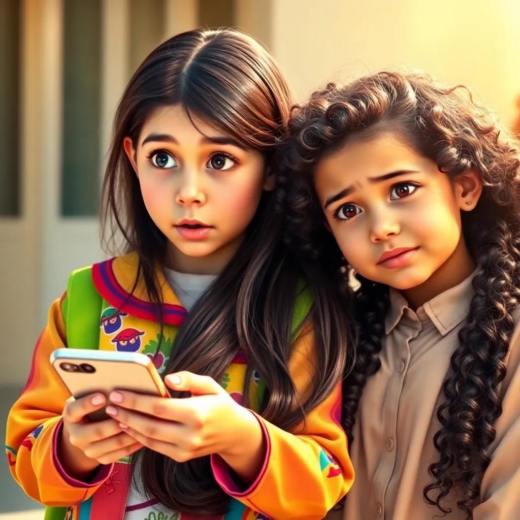  إیلاف, young Arab girl, with long dark hair, wearing a colorful school uniform, looking surprised at her phone, while ریم, young Arab girl, with curly dark hair, wearing a simple blouse, looks concerned, digital art, warm sunlight, playful expression