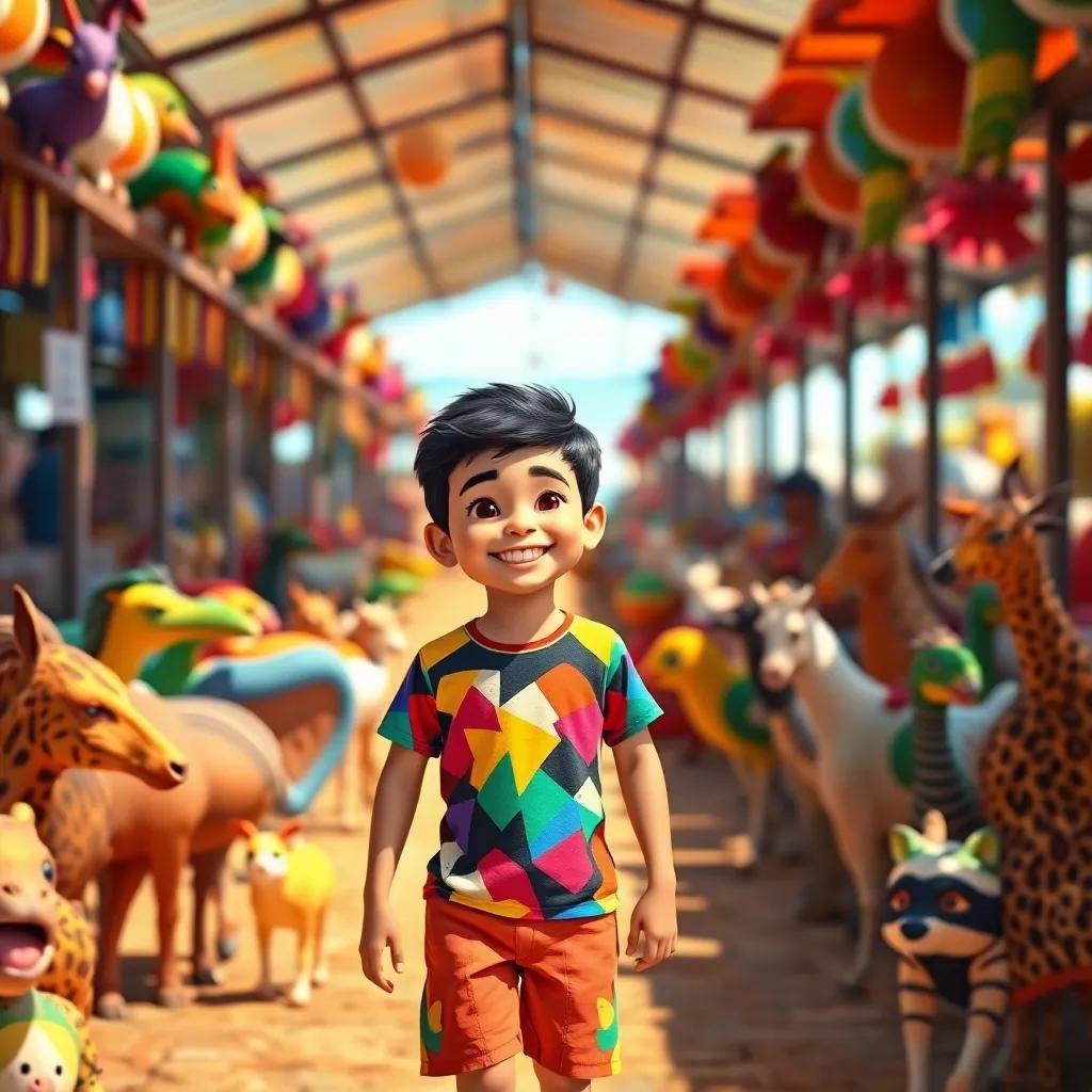 A happy boy, Ahmad, around 8 years old, wearing a colorful T-shirt and shorts, smiling as he walks with his dad in the animal market filled with colorful animals, vibrant setting, bright sunlight, child-friendly atmosphere, high quality