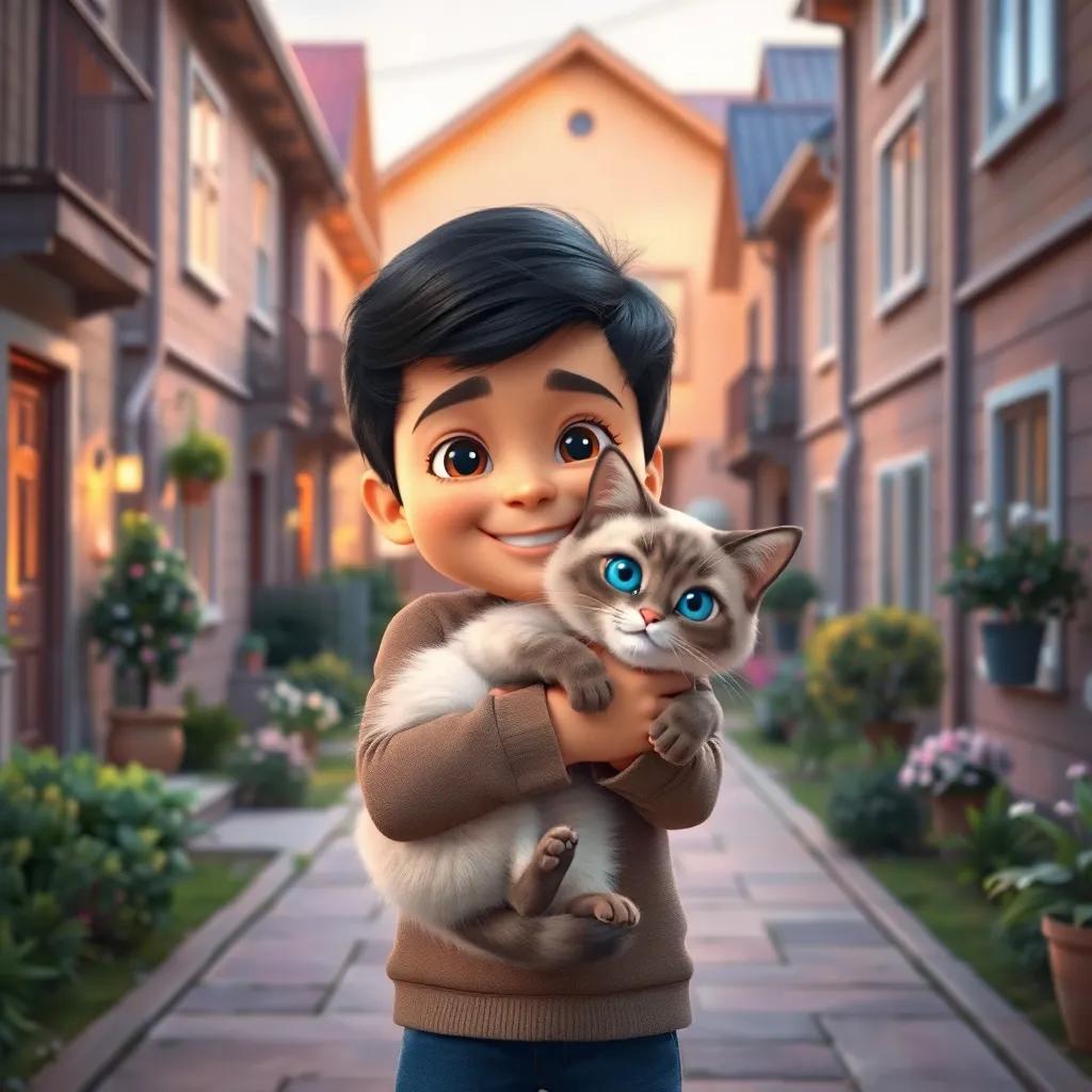 Ahmad, a cheerful 8-year-old boy, hugging a beautiful cat named Lulu with soft fur and blue eyes, standing in front of a spacious home in a narrow neighborhood, warm light, cozy and welcoming environment, heartwarming scene, high quality