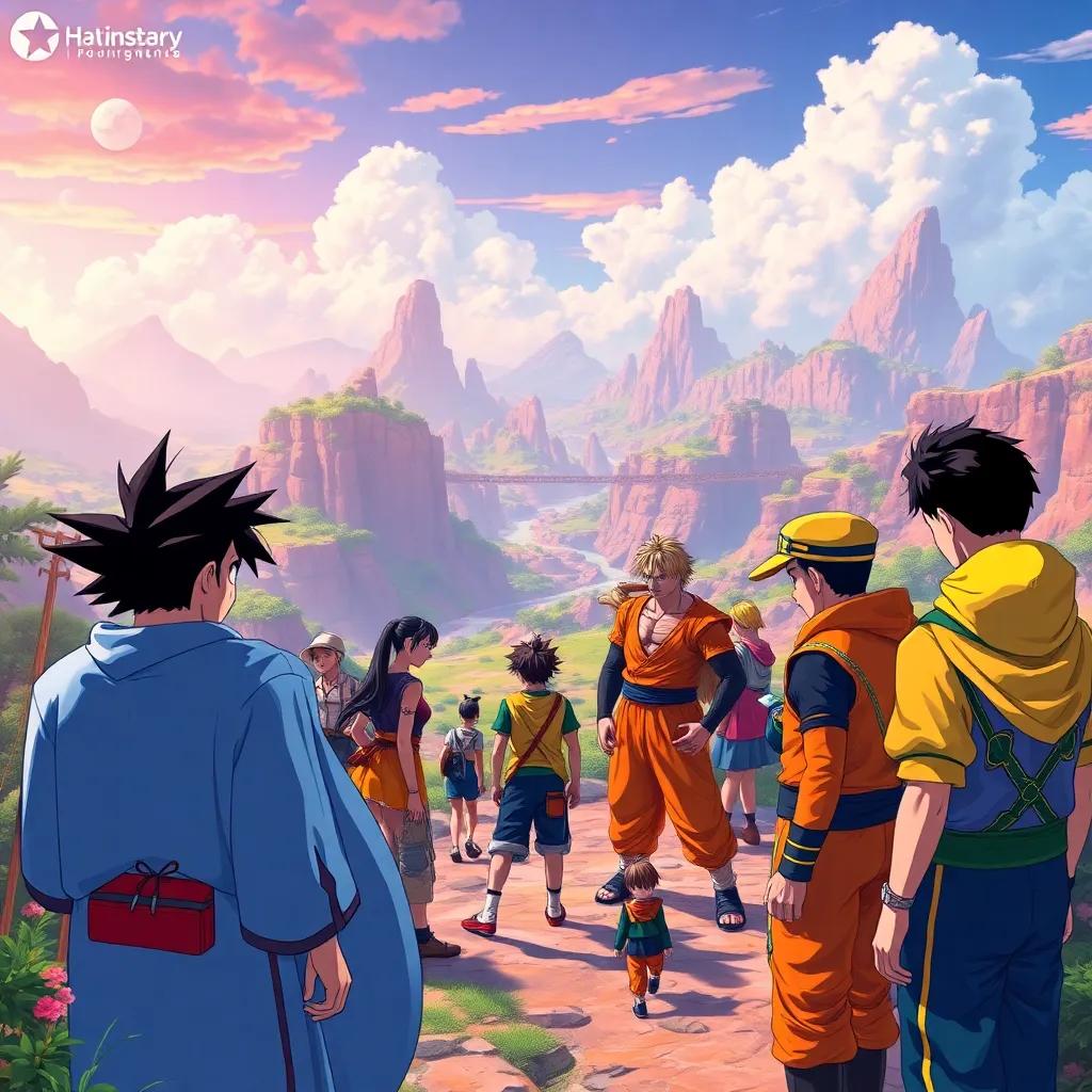 A vibrant fantasy world where anime heroes gather, colorful characters like Luffy, Goku, Naruto, and Saitama meeting in an epic landscape, digital art, bright colors, inviting atmosphere, high quality