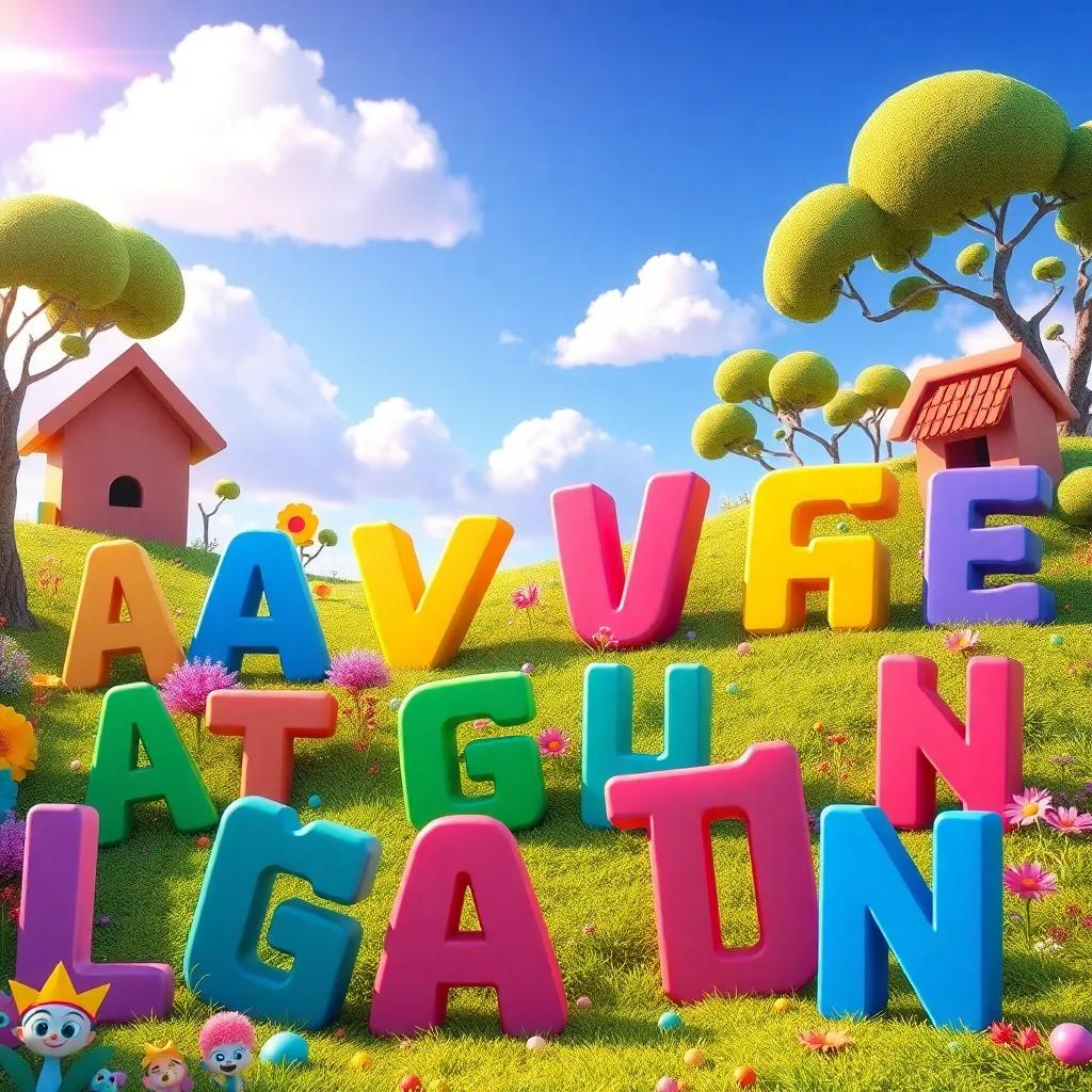 A colorful landscape filled with animated English letters, each letter showcasing its unique character, playful atmosphere, digital art, vibrant colors, lively and engaging scene, high quality