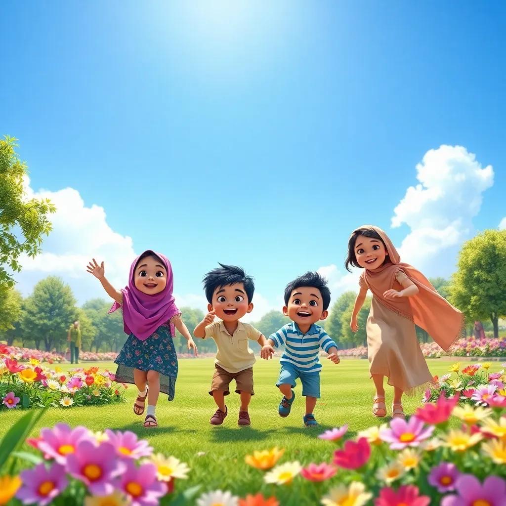 A group of four siblings, Lulwa, Mohamed, Abdullah, and Haya, playing happily in a large park under a bright blue sky, with colorful flowers blooming around them, cheerful mood, digital art, vibrant colors, child-friendly atmosphere, high quality