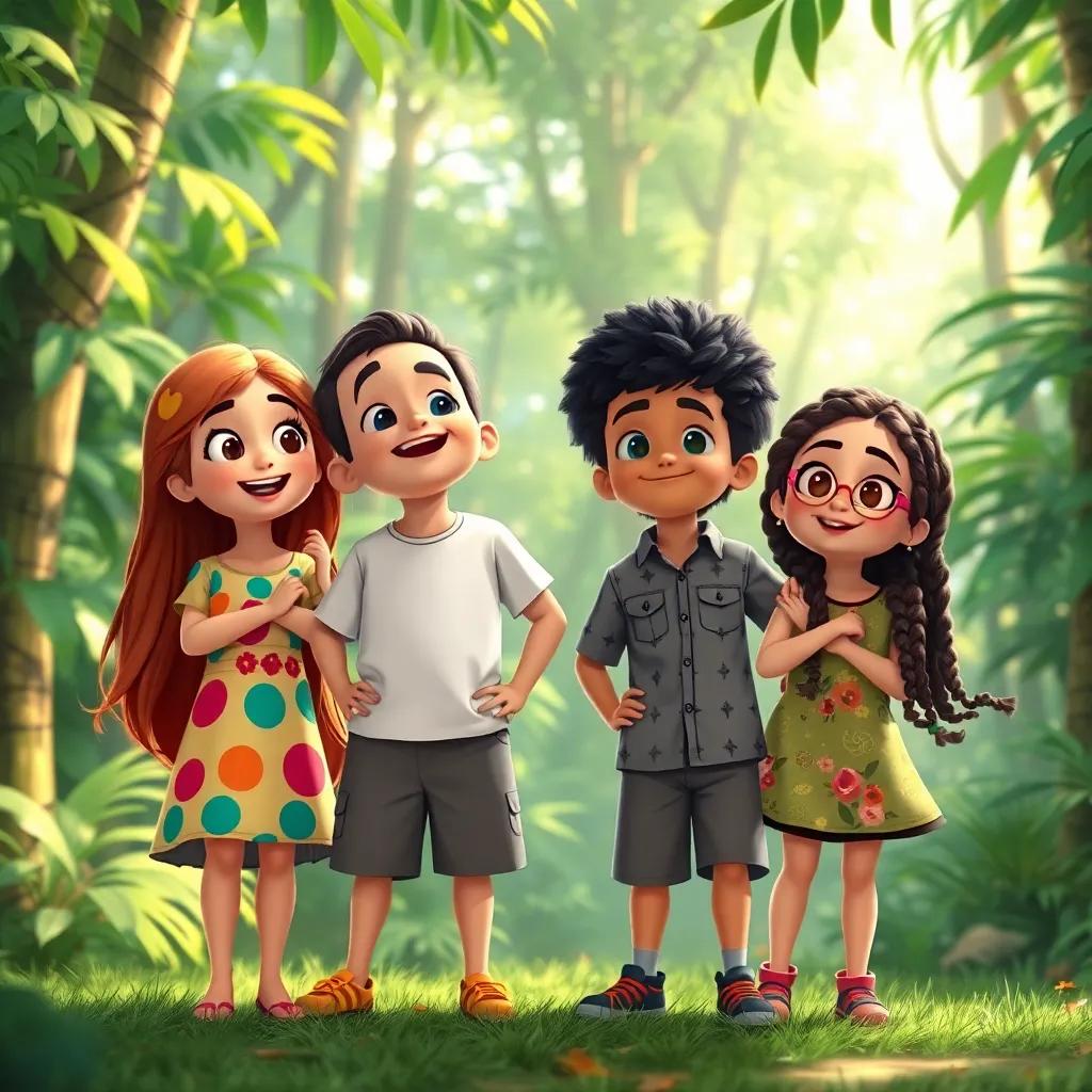 Four siblings, Lulwa, a young girl with long hair wearing a colorful dress, Mohamed, a boy with short hair wearing a t-shirt and shorts, Abdullah, a boy with curly hair in a shirt, and Haya, a girl with braids in a fun outfit, standing excitedly in a lush green forest, looking around with wonder, illustration, adventurous, bright light, high quality