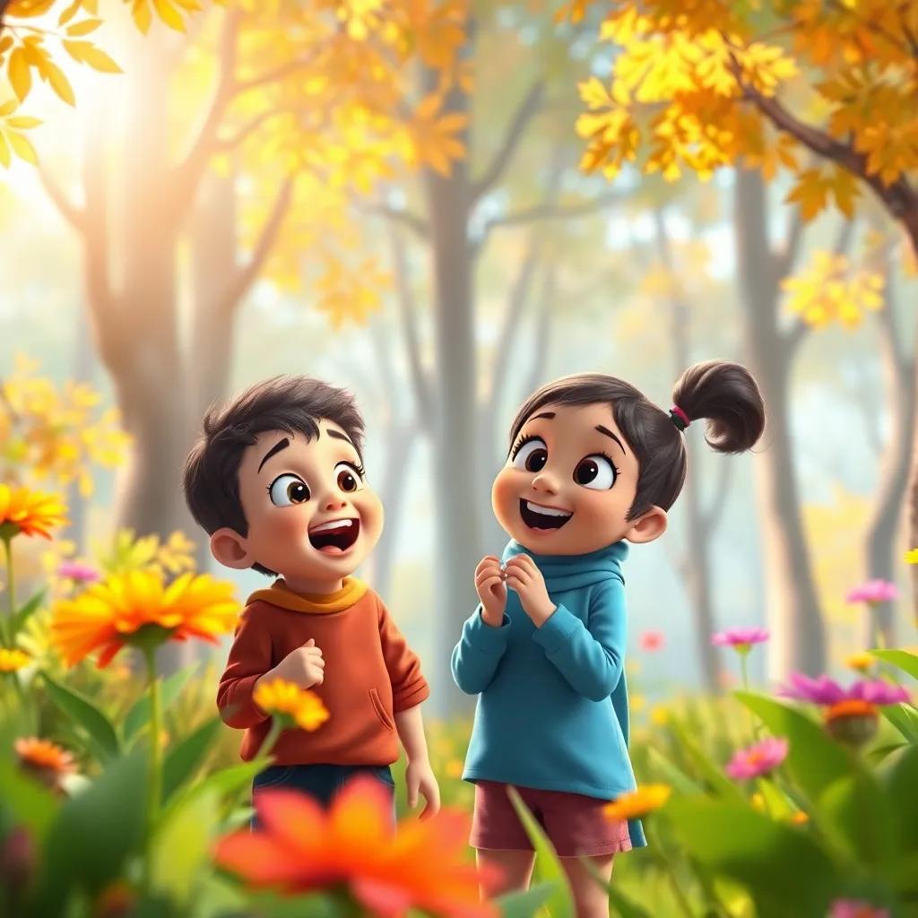 A sunny forest scene with two excited children, Sami and Leila, looking at a colorful flower, vibrant colors, warm light, cheerful atmosphere, high quality