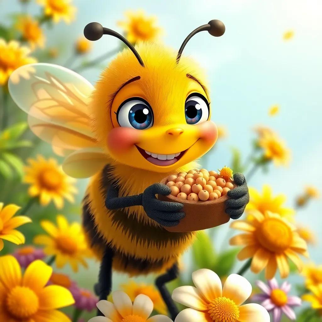 A hard-working bee, showcasing its busy activities of collecting nectar, surrounded by flowers, cheerful expression, detailed illustration, bright colors, dynamic composition