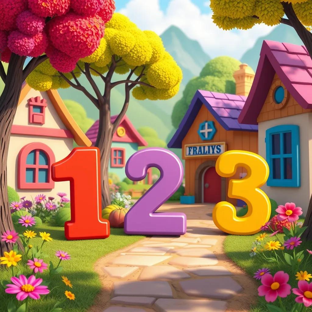 A colorful village scene with Arabic numbers 1, 2, and 3 happily interacting, surrounded by trees and flowers, cheerful atmosphere, vibrant colors, child-friendly, lively, high quality