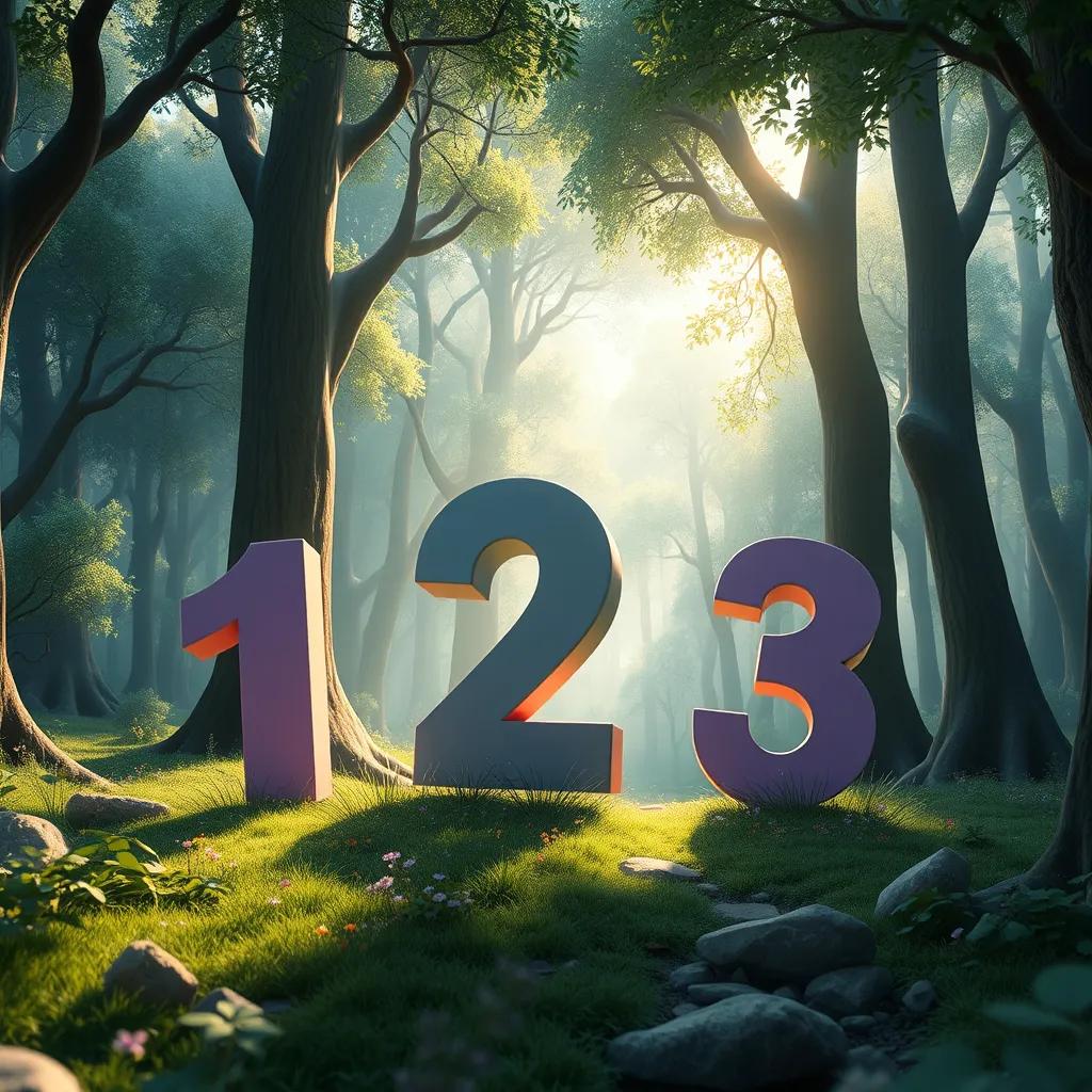 A beautiful forest landscape where Arabic numbers 1, 2, and 3 are on an adventure, looking curious and excited, light shining through the trees, fairy-tale view, magical ambiance, high detail