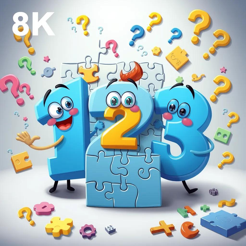 Arabic numbers 1, 2, and 3 tackling a complex puzzle together, with bright expressions on their faces, surrounded by question marks and colorful symbols, playful scene, engaging, detailed illustration