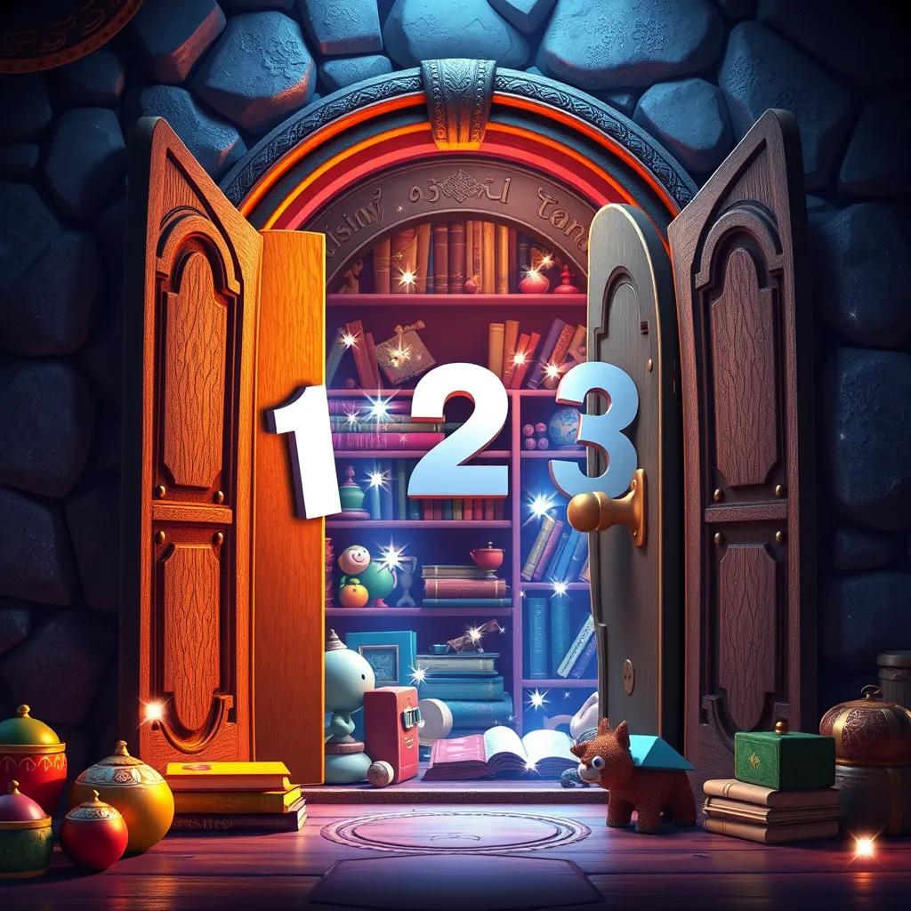 A magical door opening with Arabic numbers 1, 2, and 3 peering inside, revealing a treasure of toys and books, sparkles around them, enchanting atmosphere, high quality, bright colors