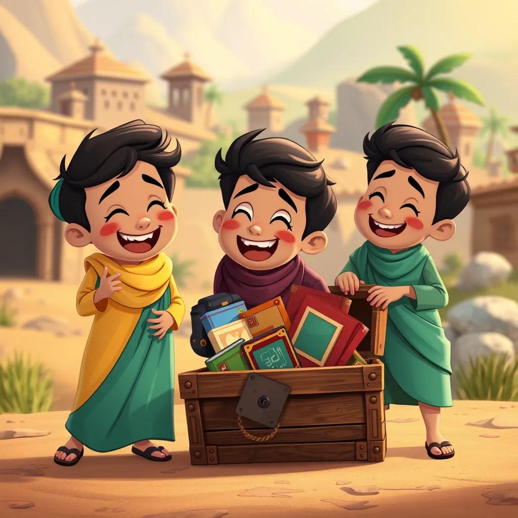 Arabic numbers 1, 2, and 3 returning to their village, joyful expressions, with a treasure chest filled with games and books, village background, warm colors, celebration, heartwarming scene