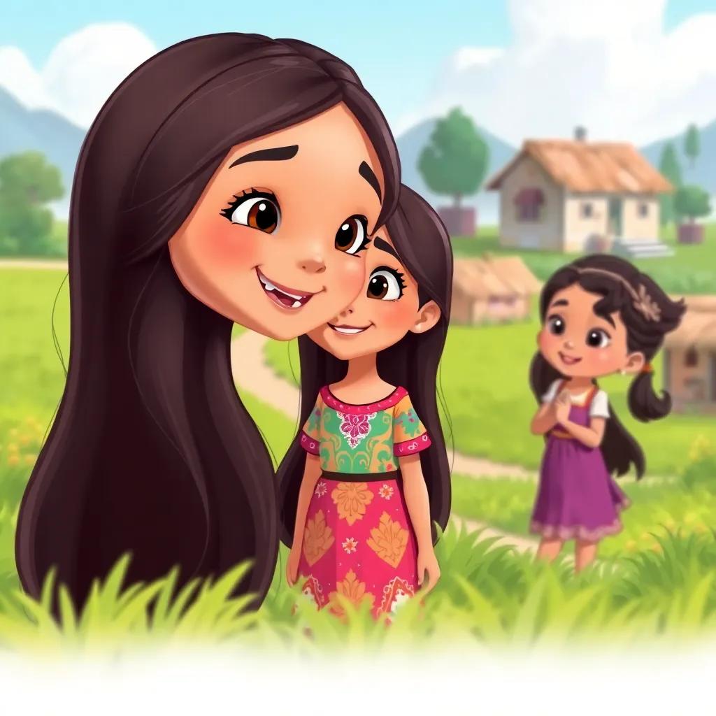 A young Arab girl, Leila, with long, dark hair, wearing a colorful dress, smiling and talking to her friends in a small village surrounded by green fields, cheerful atmosphere, childhood joy, vibrant colors, illustration, high quality