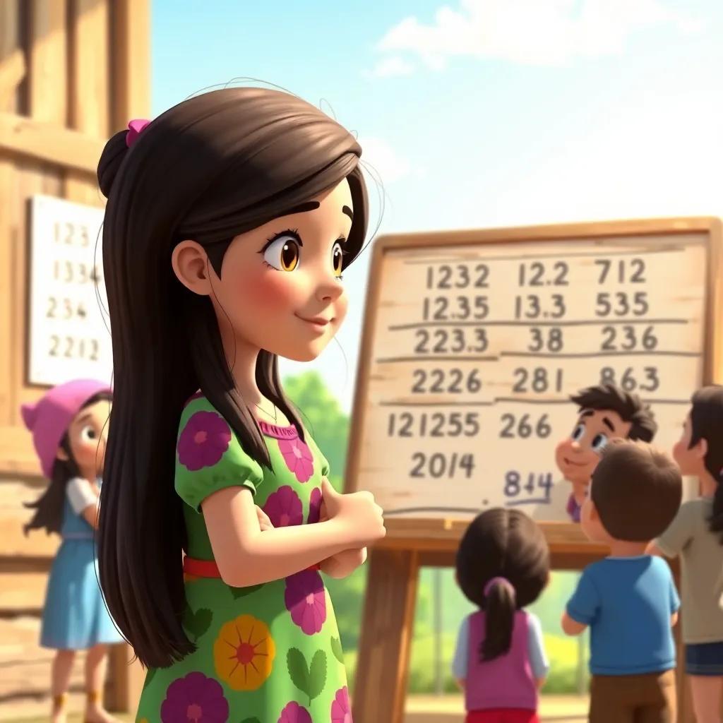 Leila, a young Arab girl with long, dark hair in a colorful dress, standing in front of her friends explaining decimal numbers with drawings on a wooden board, they appear curious and engaged, bright sunny day, lively scene, child-friendly art, joyful vibe