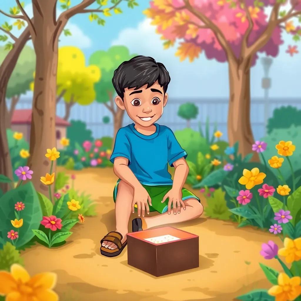 A young Arab boy, Fahd, with short black hair wearing a blue t-shirt and green shorts, sitting in a colorful school garden surrounded by trees and flowers, looking at a mysterious small box on the ground, digital art, vibrant colors, cheerful atmosphere, high quality