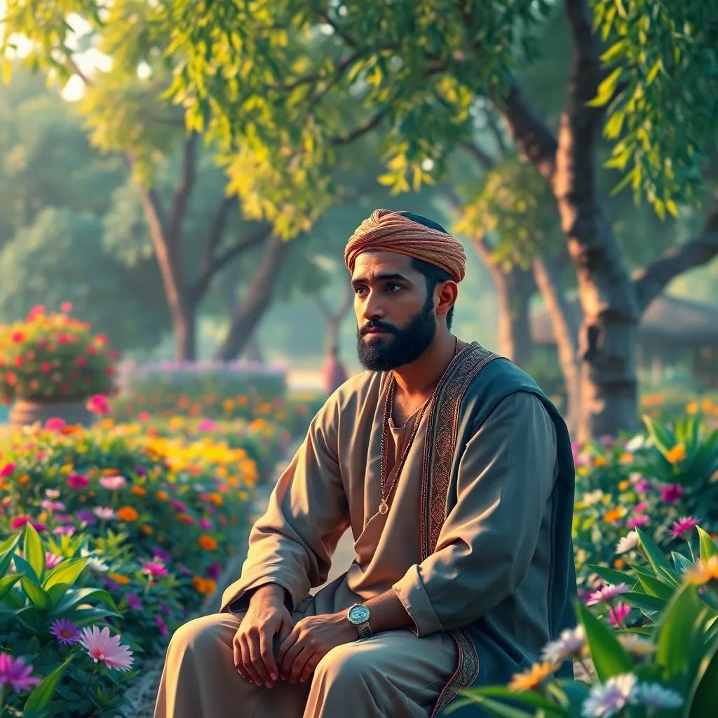 A thoughtful Arab man, known as Al-Aslami, sitting in a beautiful garden surrounded by green trees and colorful flowers, looking worried, digital art, warm colors, peaceful atmosphere, engaging perspective, high quality
