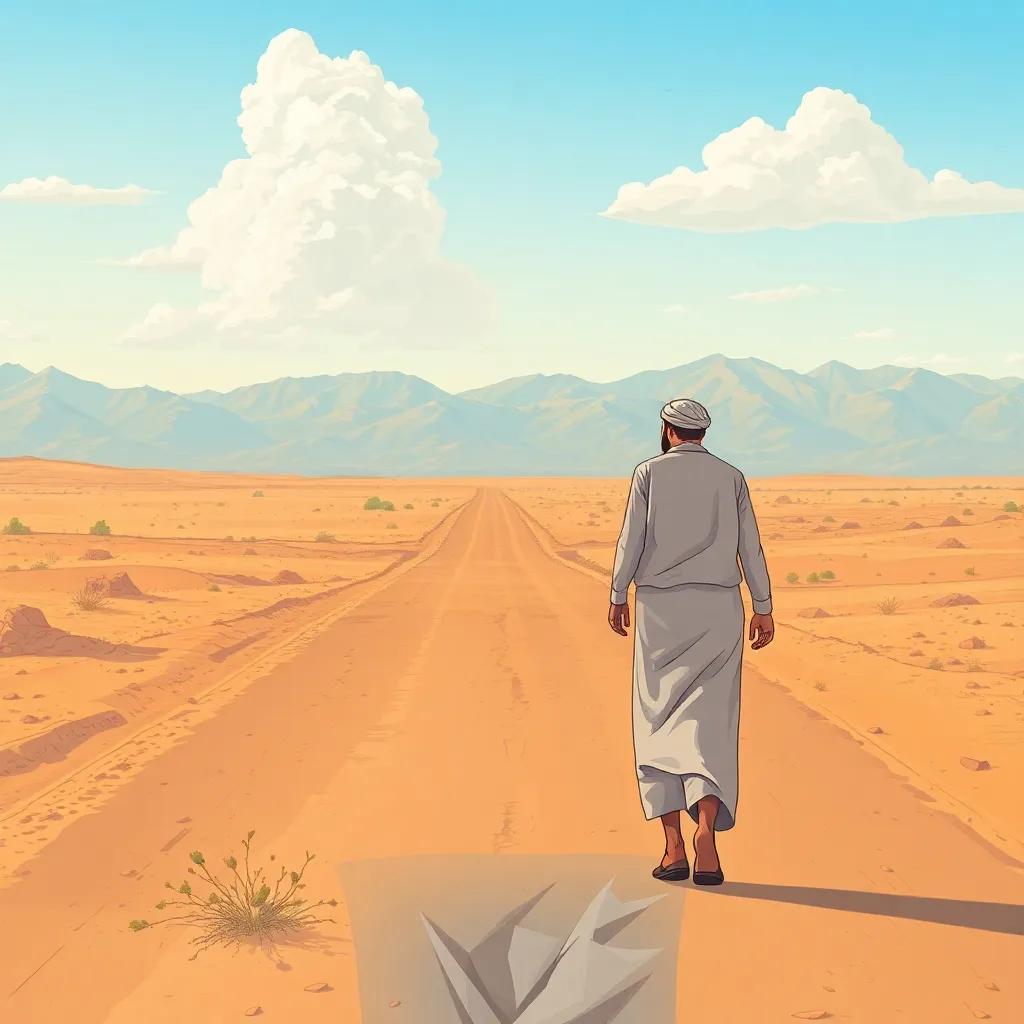 An Arab man, Al-Aslami, walking on a dusty road towards Iraq, looking determined yet tired, with a clear sky and mountains in the background, illustration, adventurous, vibrant colors, child-friendly, high quality
