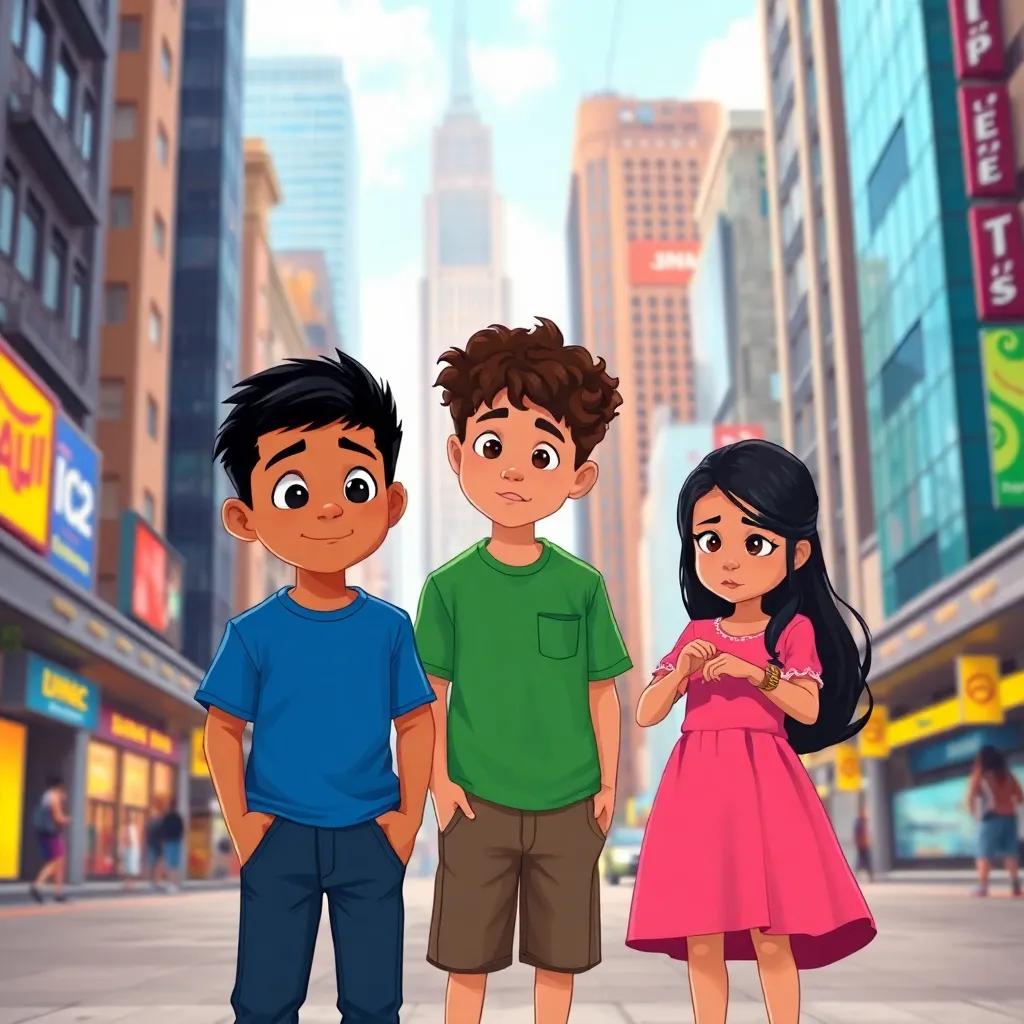 In a vibrant city with tall buildings and bustling streets, three siblings - Sami, Ali, and Noura - are standing together. Sami is a brown-skinned boy with short black hair, wearing a blue t-shirt and jeans. Ali, with curly brown hair and wearing a green shirt and shorts, looks curious. Noura, a girl with long black hair and wearing a pink dress, appears anxious as she checks her watch. Digital illustration, lively atmosphere, high contrast colors, child-friendly