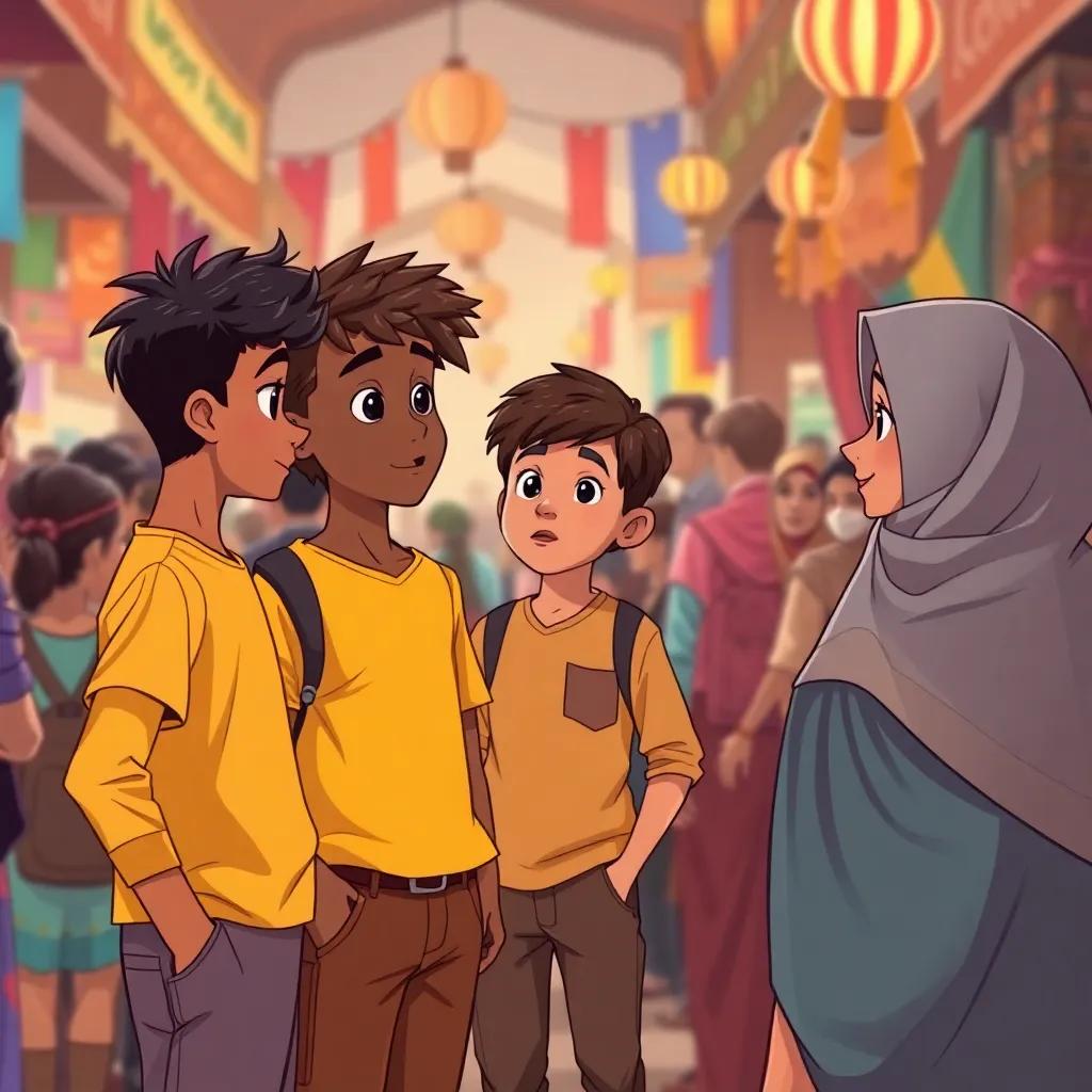In a crowded market scene, the three siblings - Sami, Ali, and Noura - are interacting with a boy named Majid. Majid is a boy with light brown skin, short wavy hair, wearing a yellow shirt and brown pants. Sami is asking Majid a question with determination, while Noura stands close, looking hopeful. The background shows colorful market stalls and people, illustration, dynamic perspective, warm colors.