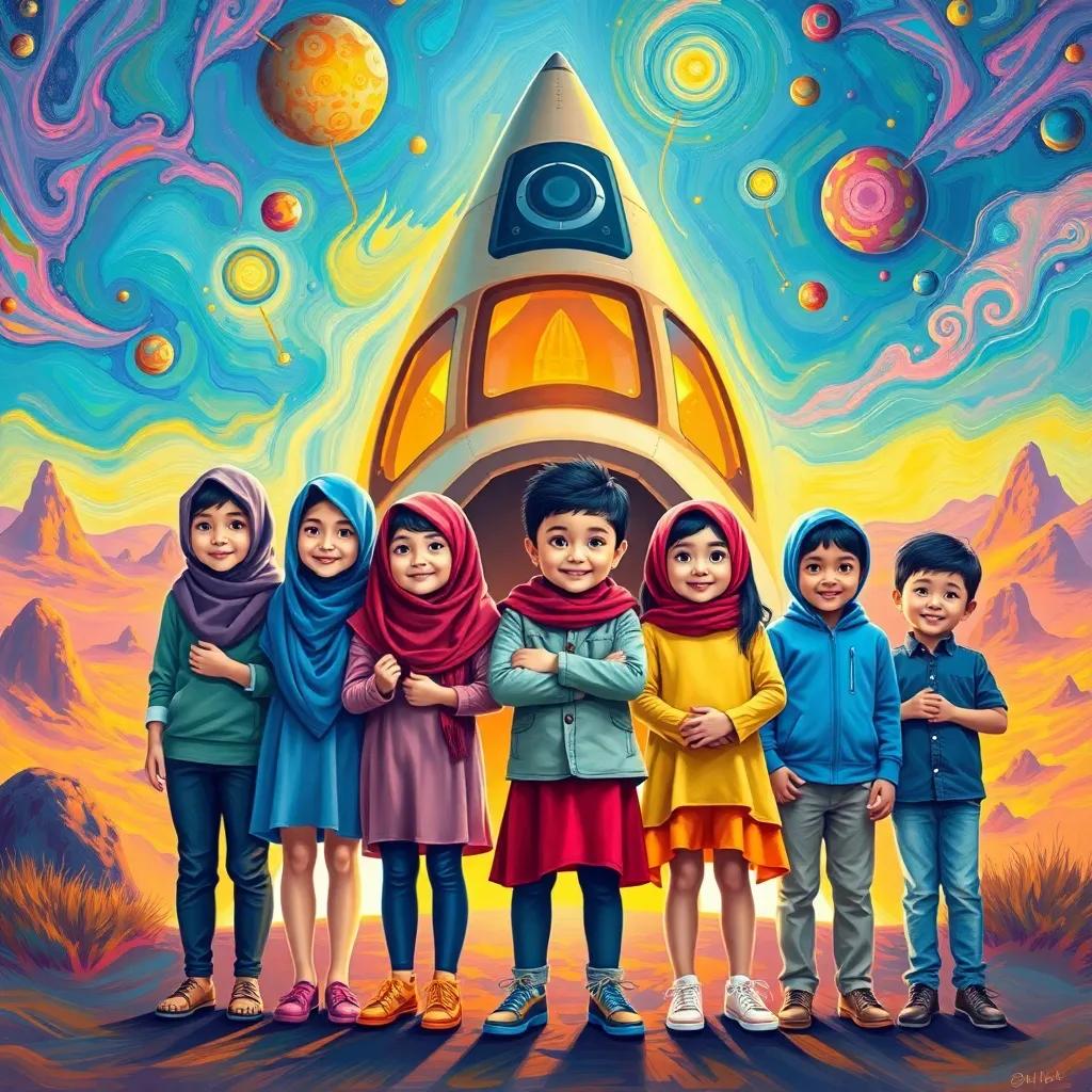 Five siblings, Janah (12 years old), Marwa (10 years old), Mohammed (8 years old), Amna (6 years old), and Ibrahim (3 years old), standing excitedly in front of their spaceship, ready for an adventure, colorful alien landscape in the background, digital art, vibrant colors, cheerful atmosphere, high quality