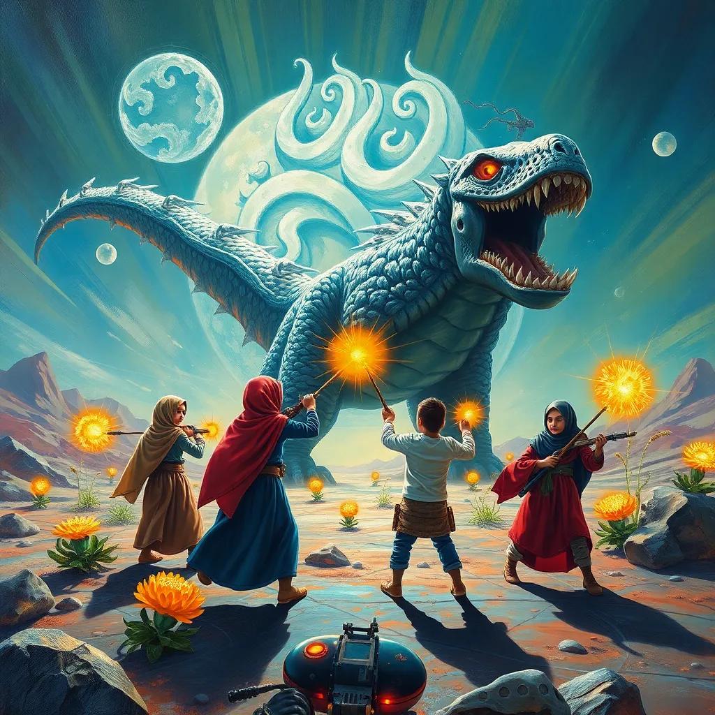 Five siblings, Janah, Marwa, Mohammed, Amna, and Ibrahim, facing a giant monster on a distant planet, using their special equipment to protect themselves, bright alien plants around them, action-packed scene, dynamic colors, thrilling perspective, high quality