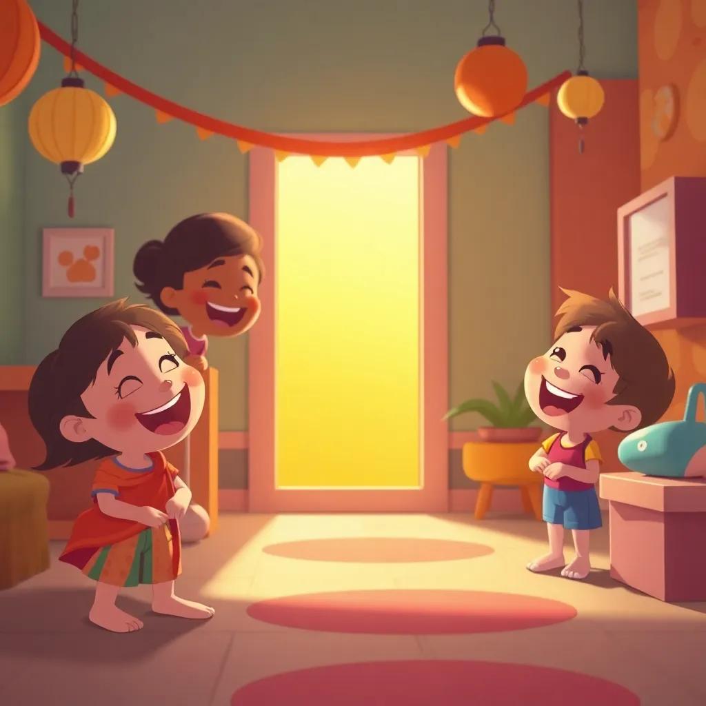 أربعة أطفال يلعبون في الغابة، حلا، فتاة عربية ترتدي فستان زاهي، وآدم، فتى بشعر بني وقميص ملون، وجني، فتاة ذات شعر أسود ترتدي بنطال جينز، وياسين، فتى بشعر أشقر وقميص مخطط، الأشجار العالية والزهور الملونة، جو مر joyful, digital art, bright colors, cheerful atmosphere, high quality