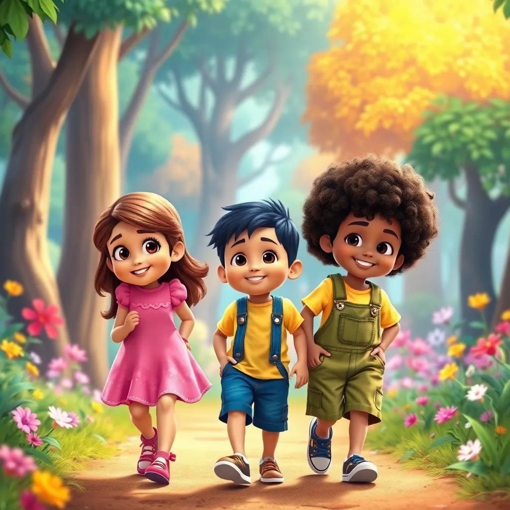 Three friends, Lina, a young girl with brown hair in a pink dress, Sami, a young boy with black hair wearing blue shorts and a yellow shirt, and Zaid, a boy with curly hair wearing green overalls, walking together in a bright magical forest with colorful trees and flowers, cheerful atmosphere, child-friendly, vibrant colors, digital art