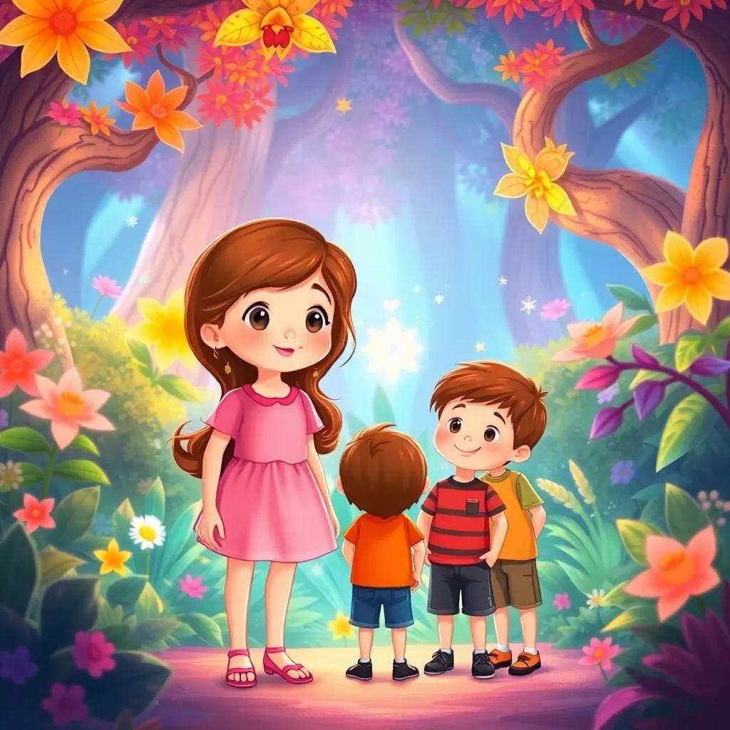 A young girl with brown hair in a pink dress, standing with two boys in a magical forest, they see a sparkling flower, surrounded by colorful plants and glowing light, friendly and inviting, illustration, bright colors, cheerful scene