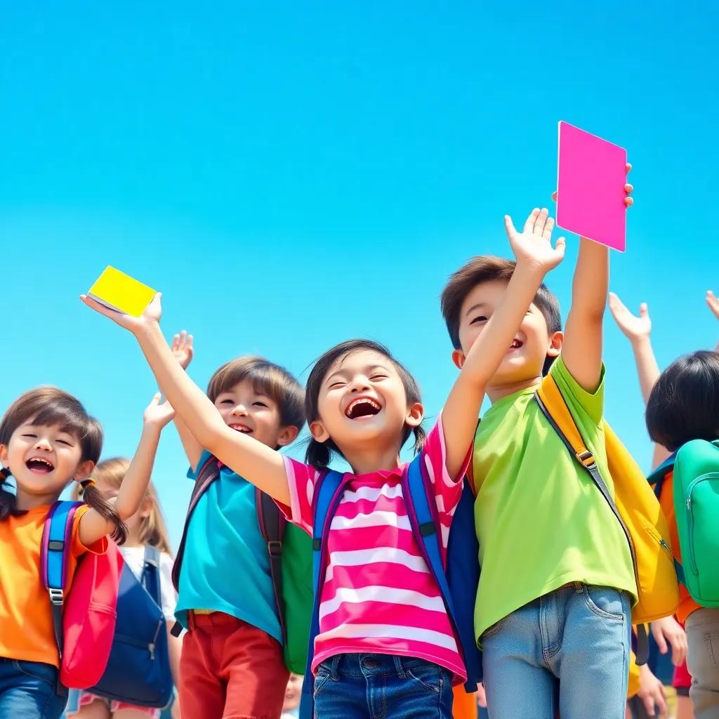 A joyful scene of school kids, smiling and waving their books in the air, under a clear blue sky, with colorful school backpacks, digital art, vibrant colors, cheerful atmosphere, high quality