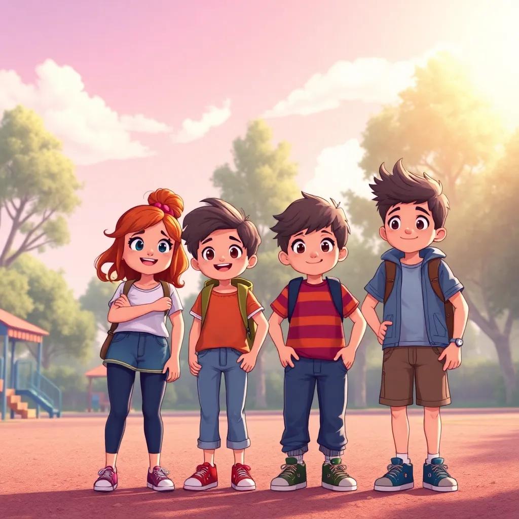 A group of four friends, Jeni, Zina, John, and Ryan,  standing together in a sunny playground, with trees in the background, looked excited and adventurous, illustration, warm light, friendly, child-friendly