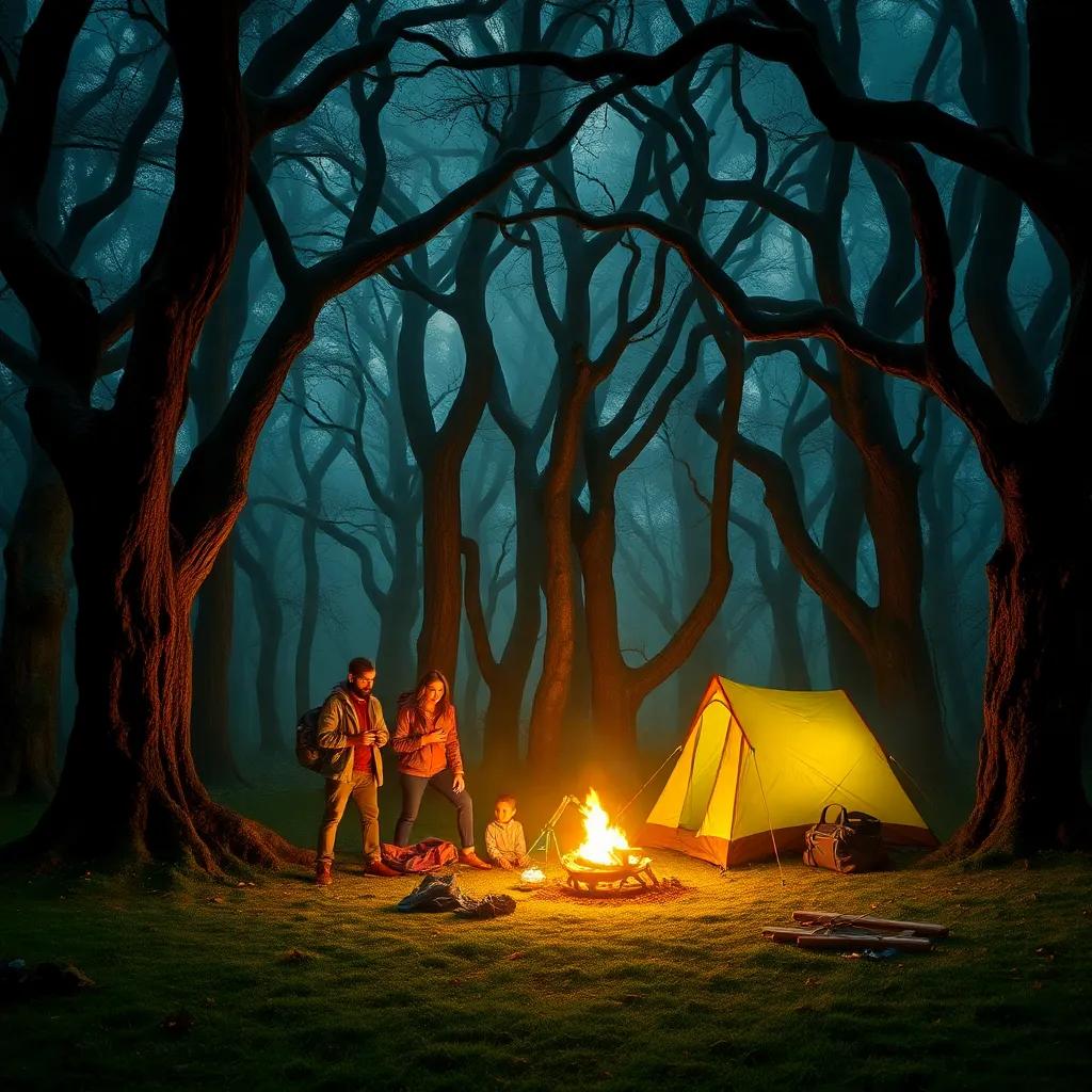 A dark and dense forest with intertwining trees shrouded in mist, where a group of four diverse friends are setting up their camping gear with excitement, digital art, detailed, mysterious atmosphere, vibrant colors, inviting yet eerie feel