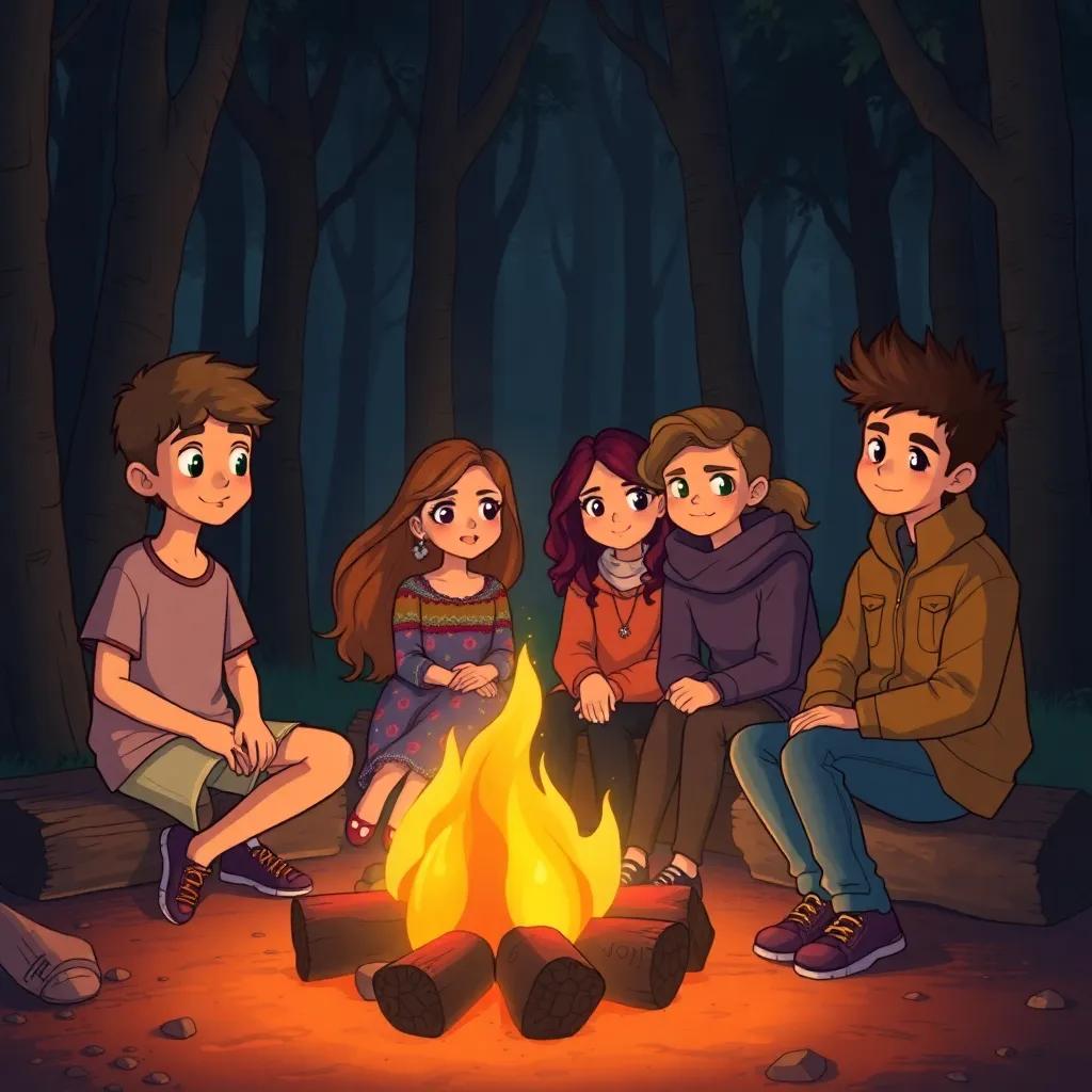 A campfire glowing in the dark forest, four friends sitting around it: Ali, a young Arab boy with short hair, wearing a t-shirt and shorts; Fatima, a young Arab girl with long, flowing hair, wearing a colorful dress; Noor, a young Arab girl with curly hair, in a cozy sweater; and Majid, a young Arab boy with spiky hair, wearing jeans and a jacket, illustrated, warm light, friendly gathering, slightly tense mood
