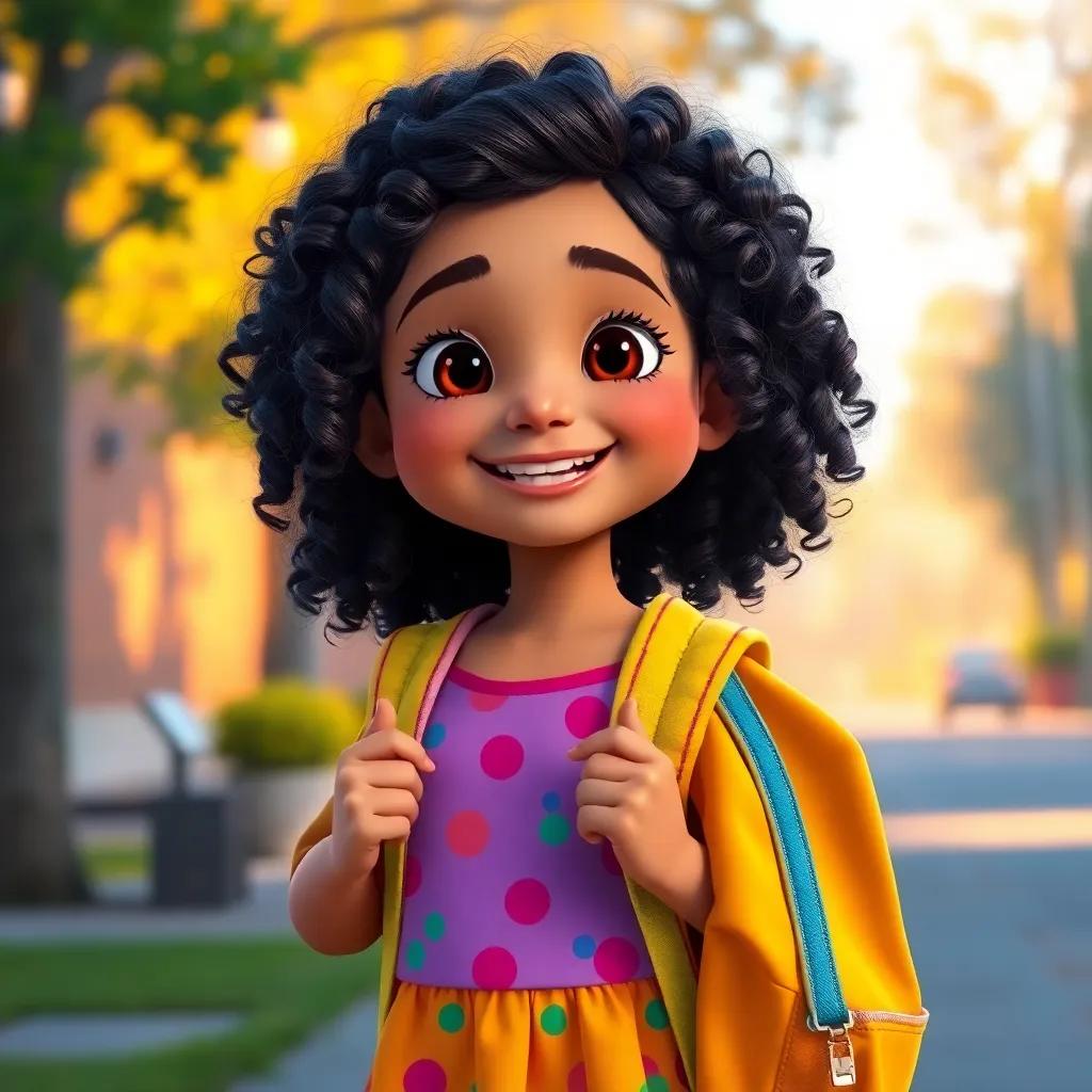 A cheerful young girl, Leila, with dark curly hair, wearing a colorful dress, holding a bright backpack, smiling happily in the early morning light while heading to school, digital art, vibrant colors, warm atmosphere, high quality