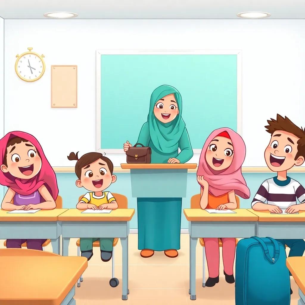 A group of four children, Leila, Sami, Nada, and Karim, sitting excitedly in a classroom at their desks, the teacher, Ms. Farida, smiling with a big bag on her desk, illustration, bright and friendly, colorful classroom, child-friendly, high quality