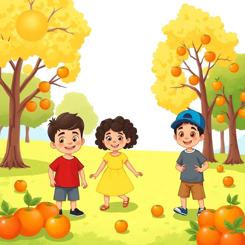 A sunny park with trees and children playing, a young Arab boy named Yusuf with short hair wearing a red t-shirt, a girl named Sarah with curly hair wearing a yellow dress, a boy named Ahmed with a blue cap, all smiling and surrounded by apples and oranges, digital art, bright colors, cheerful atmosphere, high quality
