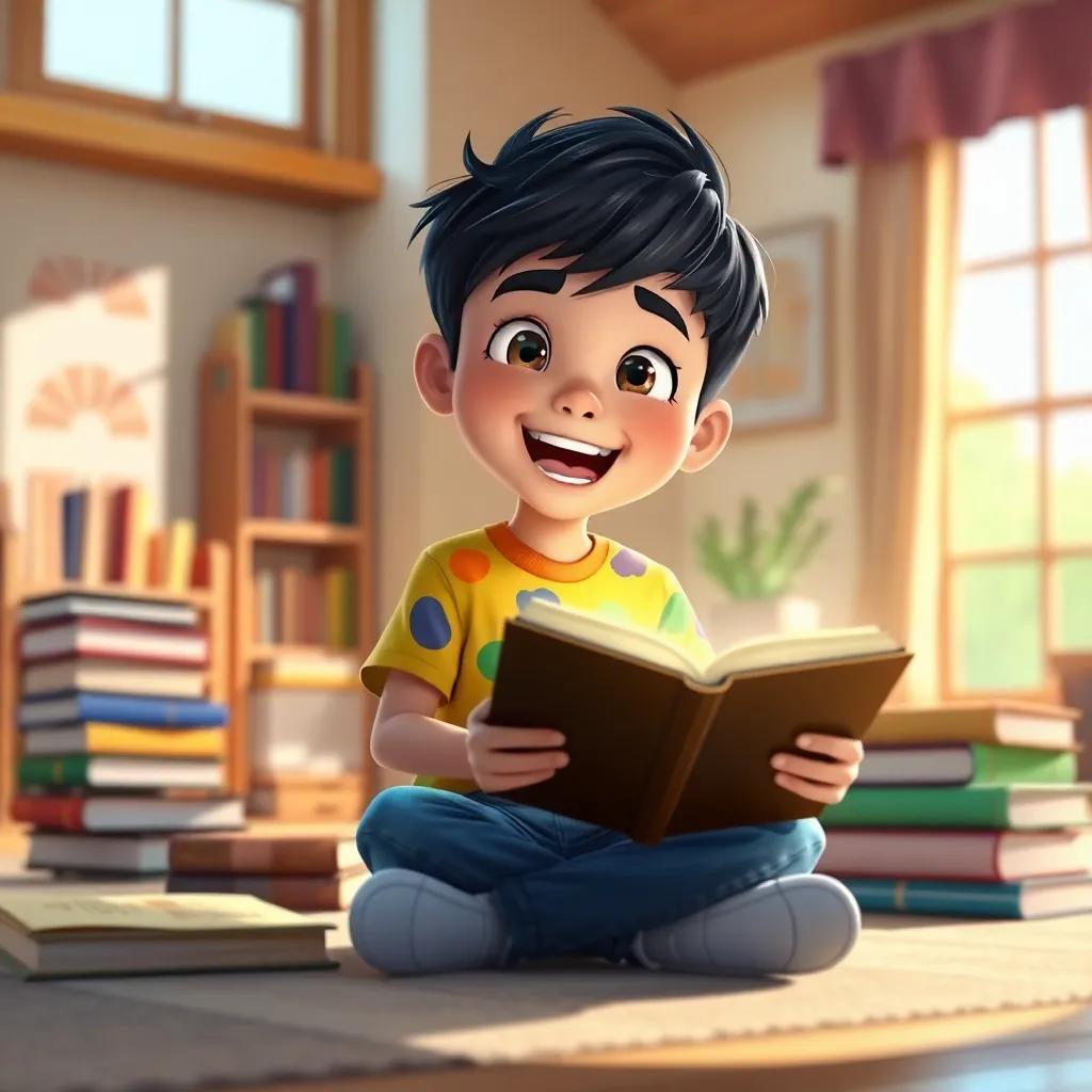 A young boy, Salem, with short black hair and wearing a colorful t-shirt and jeans, sitting excitedly in a sunny room, surrounded by books and a glowing magic book, illustration, bright colors, cheerful atmosphere, high quality