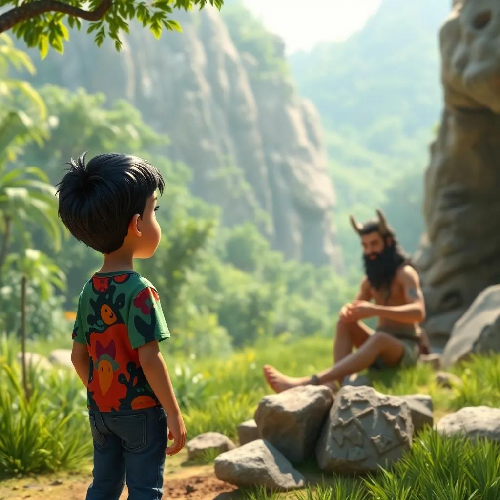 Salem, a young boy with short black hair in a colorful t-shirt and jeans, watching a caveman counting stones with his fingers in a lush green area, detailed digital art, vibrant colors, engaging scene, high quality