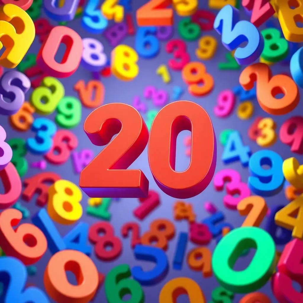 A vibrant world of numbers, showcasing number 20 with bright colors, floating numbers around it, playful and inviting, digital art, cheerful atmosphere, high quality